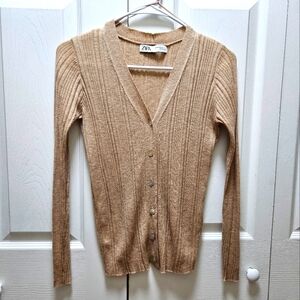 Zara Extrafine Knit Ribbed Cardigan Size XS Beige